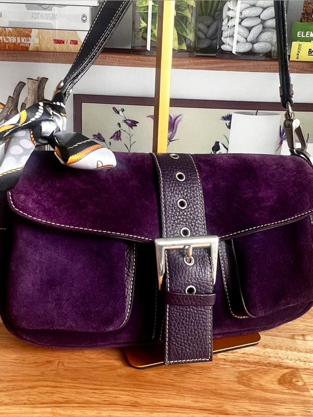 Vintage Purple Genuine Suede Leather Shoulder Bag Made In Italy - Picture 3 of 16